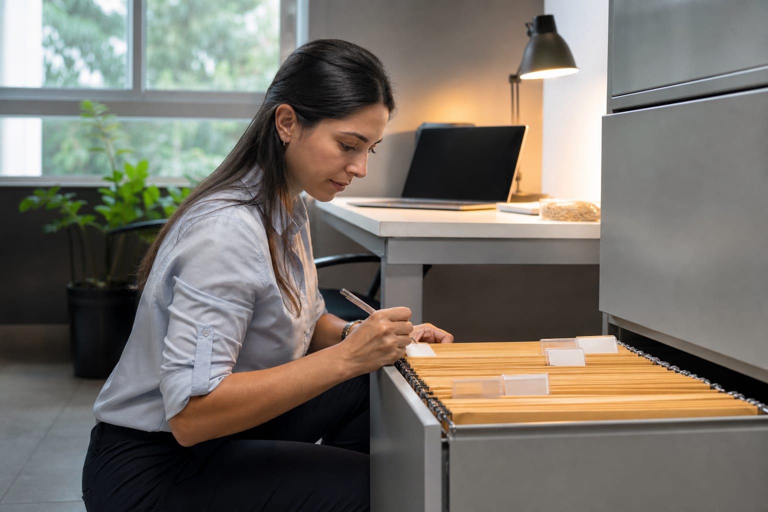 Analista sentada à mesa do escritório com dois monitores e caixa de arquivo azul aberta ao lado