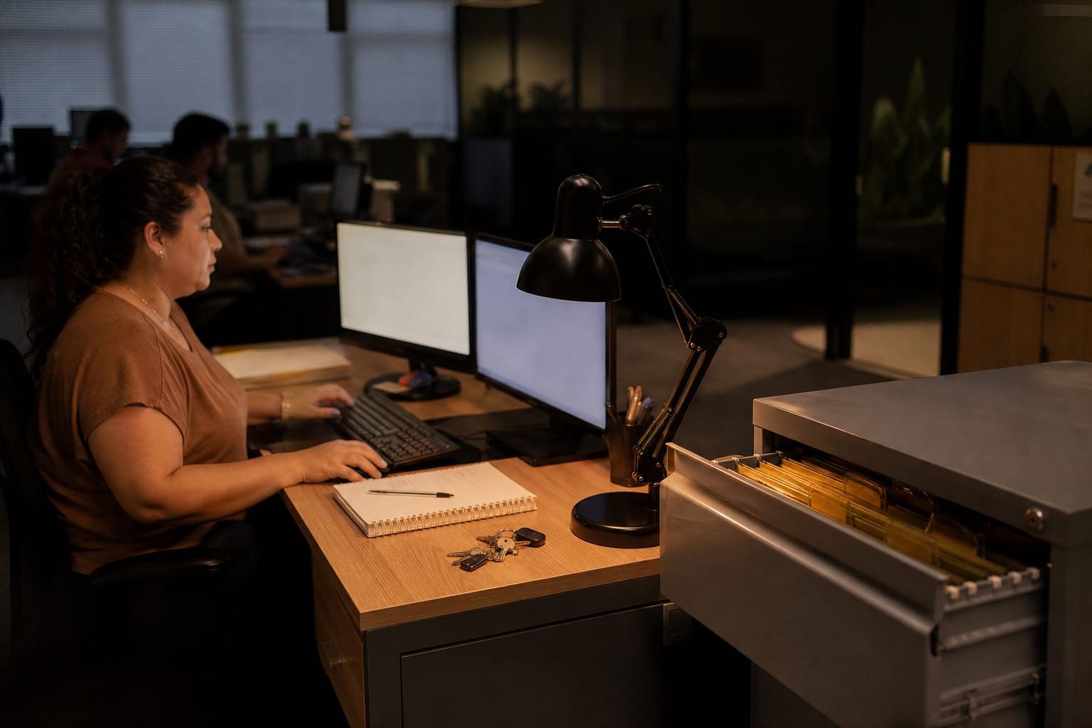 Mesa de escritório com dois monitores acesos vistos de lado, bloco de anotações e caixa de arquivo azul