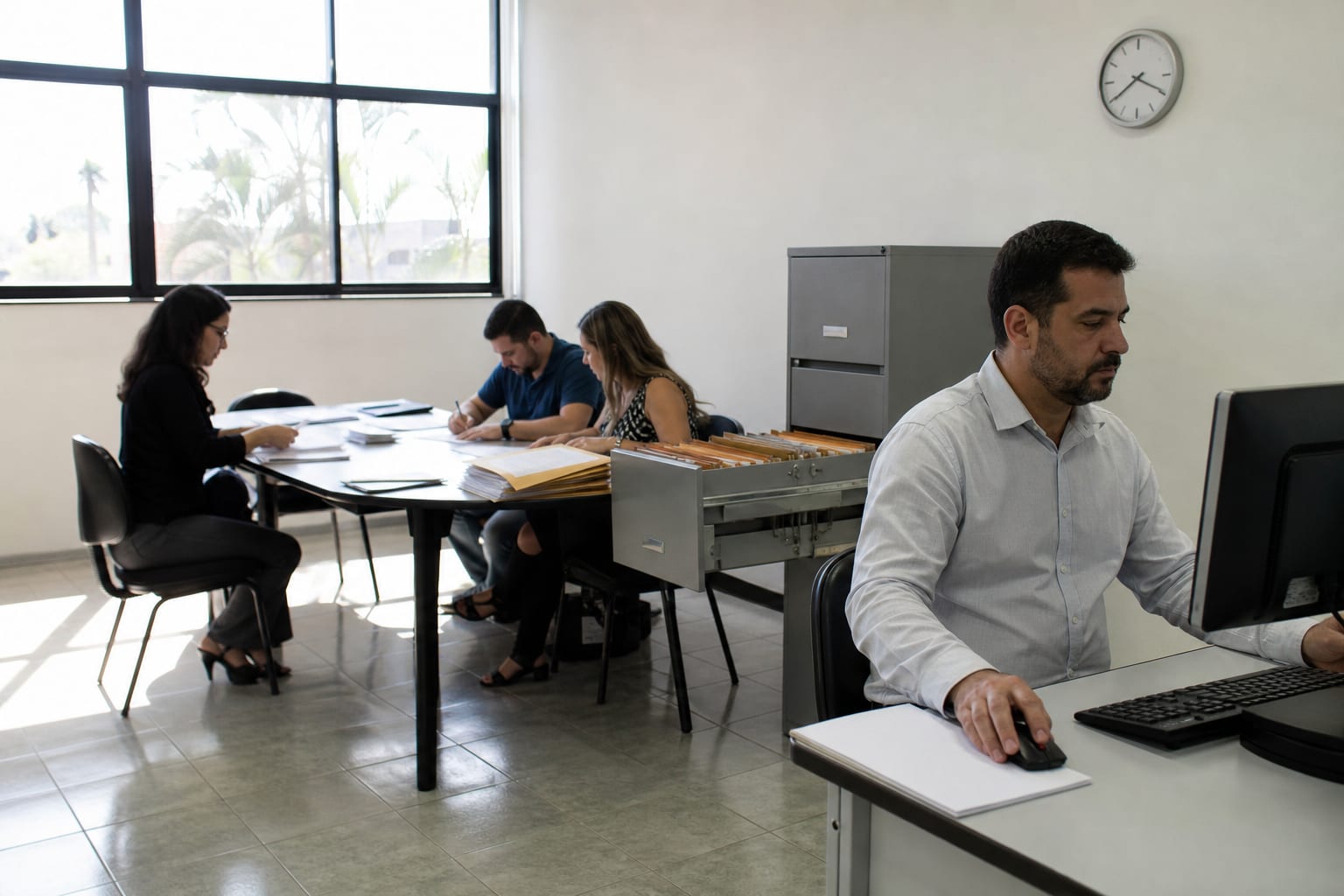 Servidor público diante do computador em sala de sessão de licitação em uma prefeitura