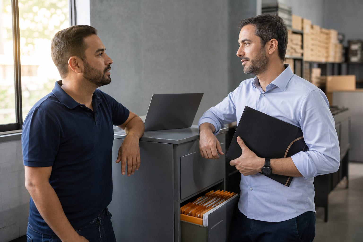 Dono de empresa e consultor conversando em pé ao lado de mesa com notebook e pasta de documentos